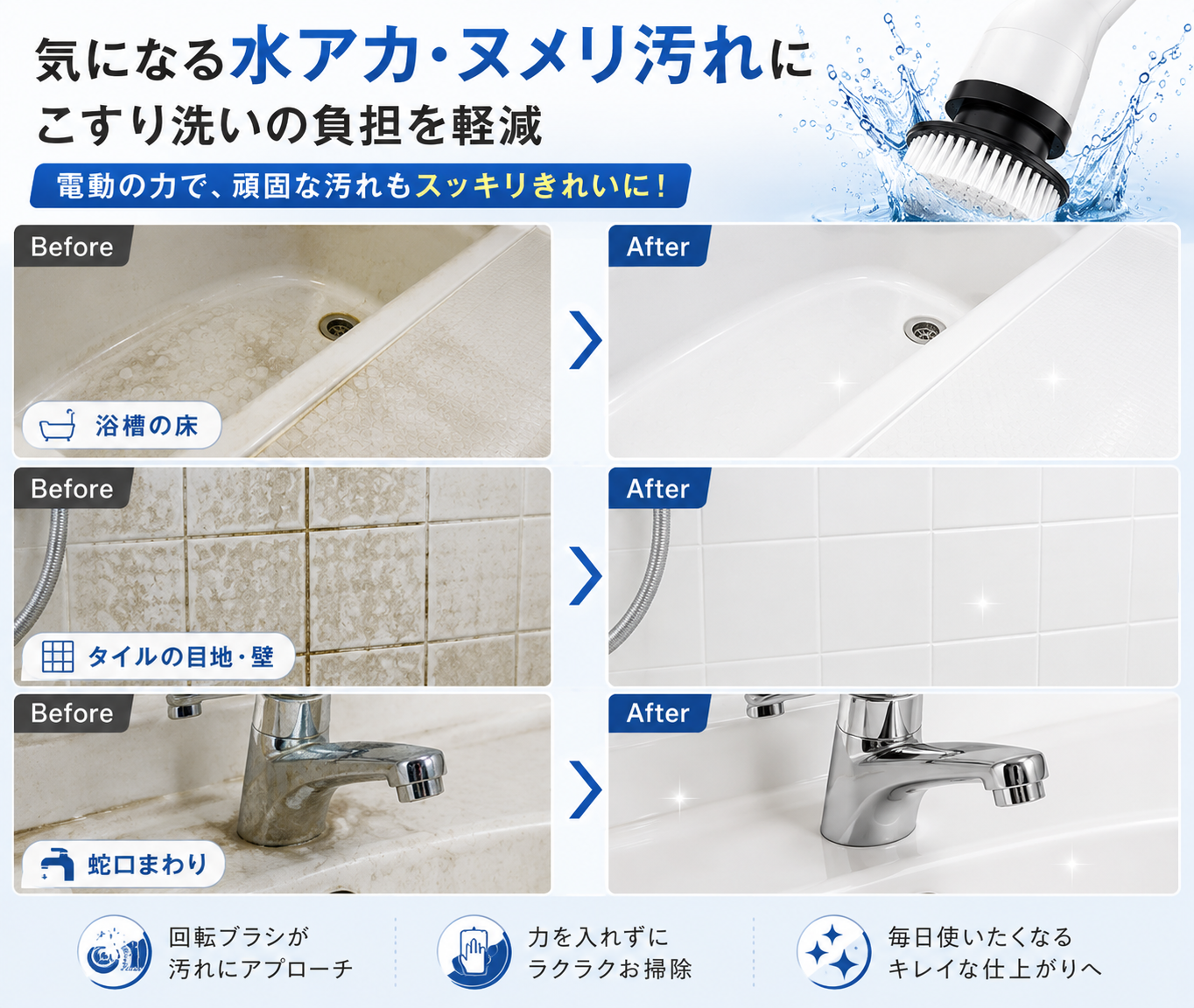 コードレス電動お掃除ブラシ｜浴室・キッチン・洗面台に使える多機能スピンスクラバー