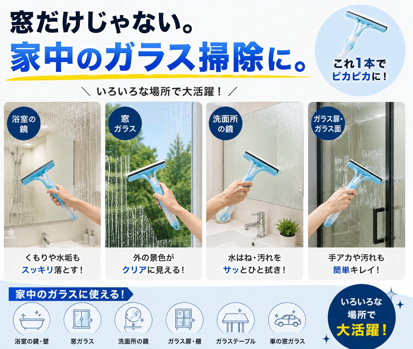 3WAY ガラスクリーナー｜洗剤スプレー・拭き洗い・水切り一体型