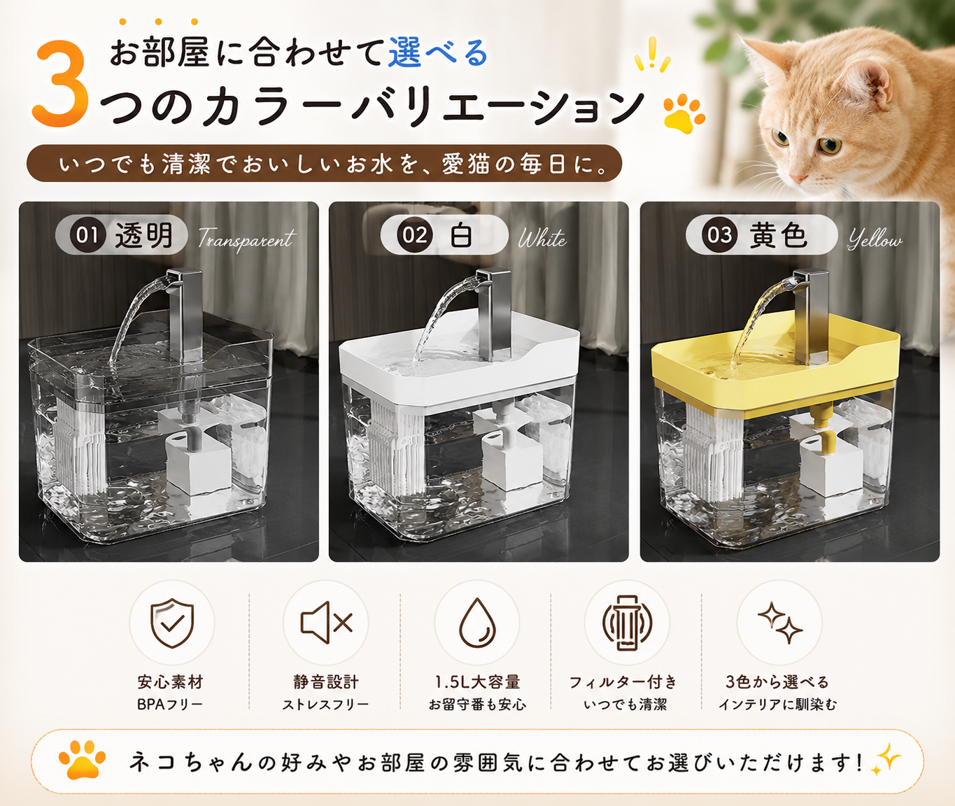 流れるお水で飲みやすい USB給電式ペット用自動給水器